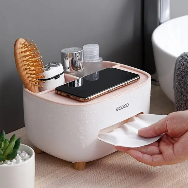 Ecoco multi-functional tissue box organizer by fusiongadgetspk, featuring a sleek design with multiple compartments for storage and easy access.