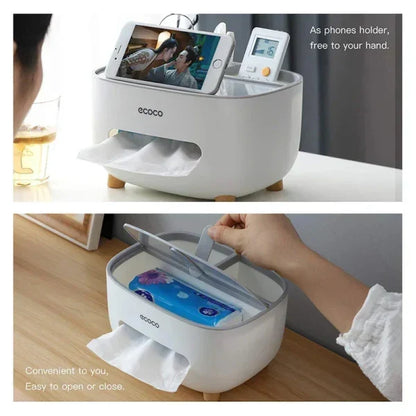 Ecoco multi-functional tissue box organizer with compartments for tissues and small items, in a sleek modern design.