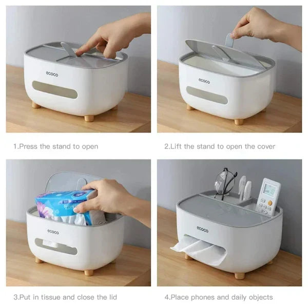 Ecoco multi-functional tissue box organizer by fusiongadgetspk, with compartments for tissues and small items, in a sleek modern design.