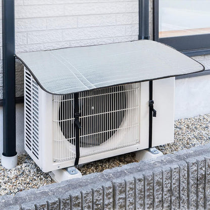 Aluminium outdoor AC unit protector with straps, FusionGadgetsPK, designed to shield air conditioning units from weather damage.