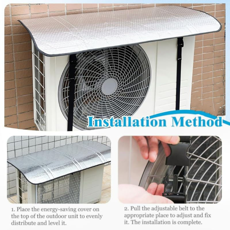Aluminium outdoor AC unit protector with straps, designed to shield air conditioning units from weather damage.