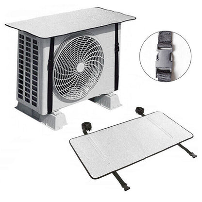 Aluminium outdoor AC unit protector with straps, designed to shield and secure air conditioning units in harsh weather conditions.