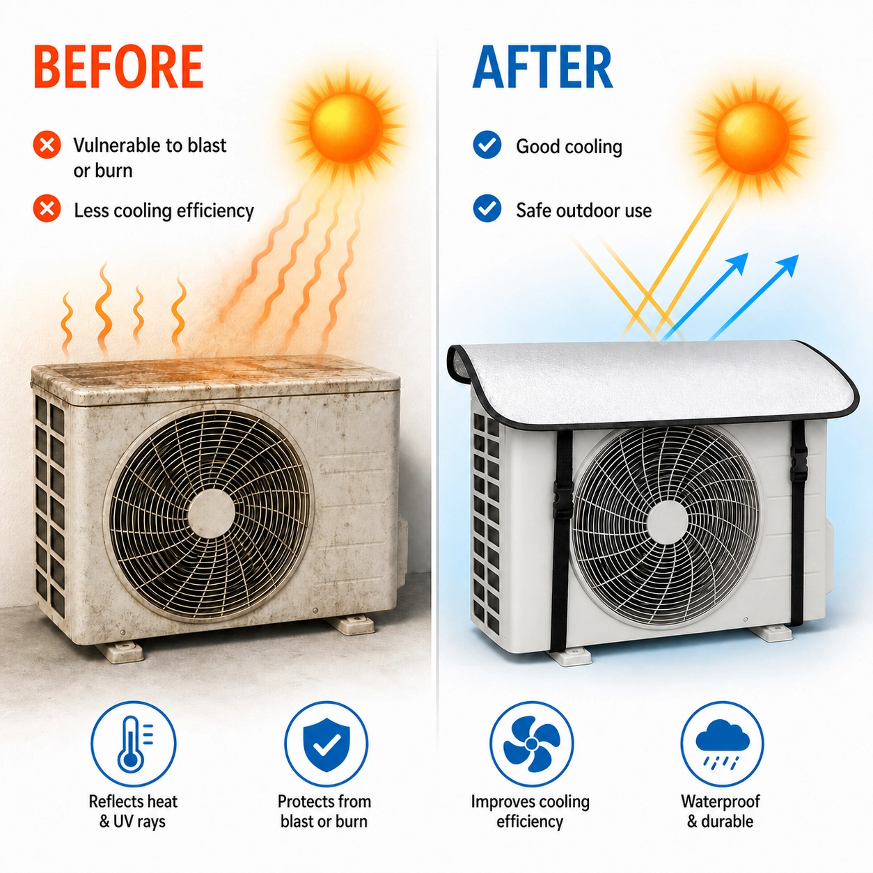 Aluminium outdoor AC unit protector with straps from FusionGadgetsPK, shown in a side view with the cover removed.